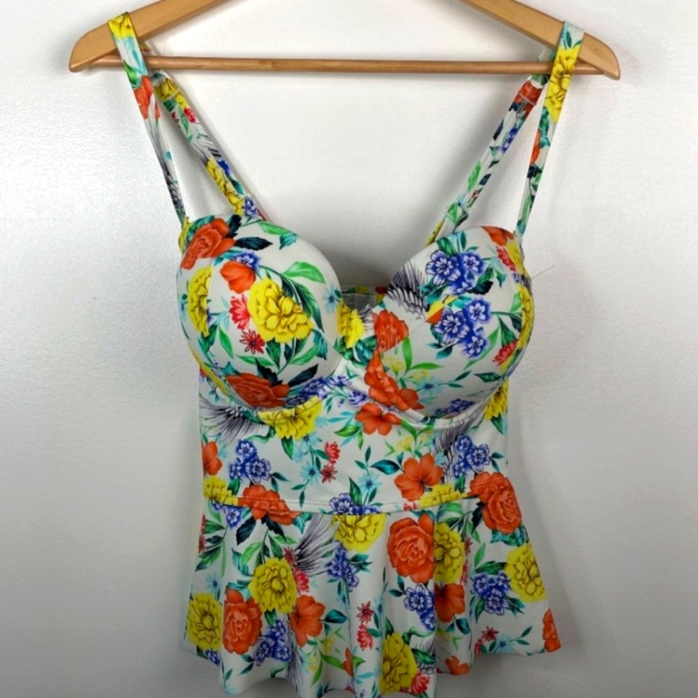 torrid Floral Underwire Swimdress in White with Orange, Yellow & Blue Flowers